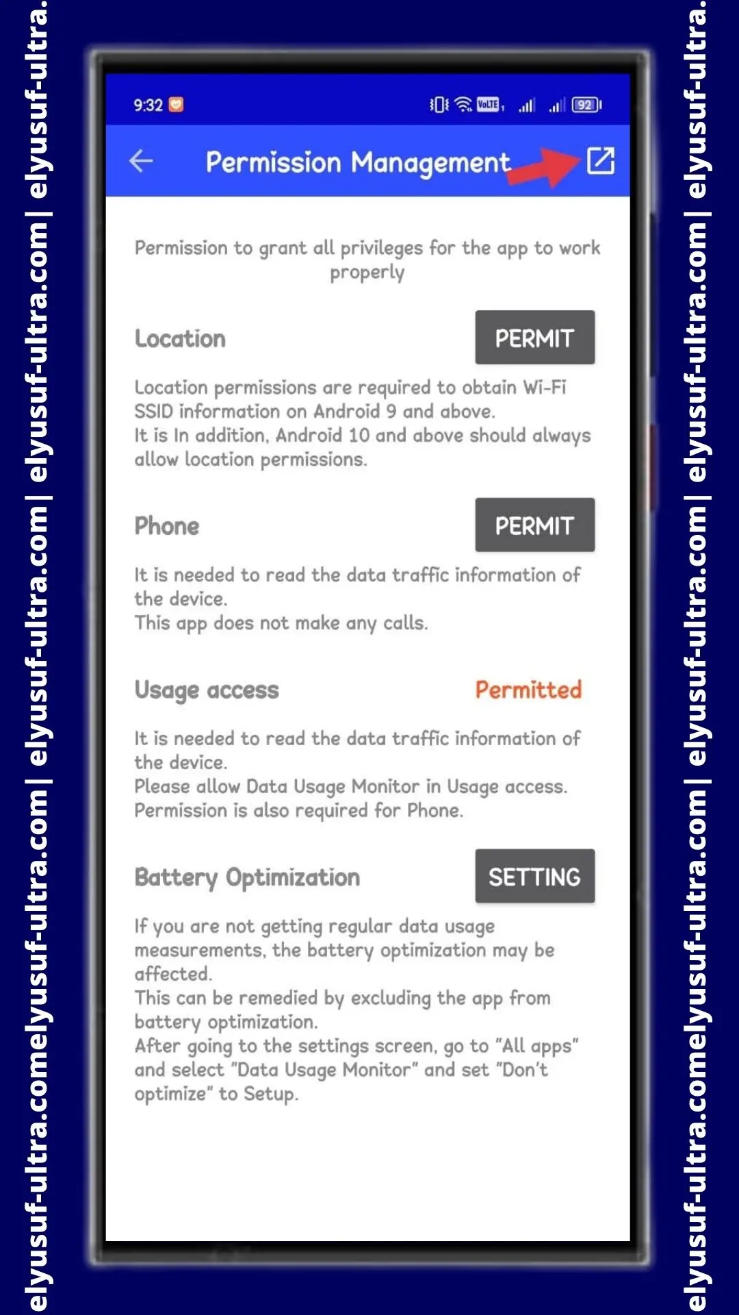 خيارات تطبيق Data Usage Analyzer