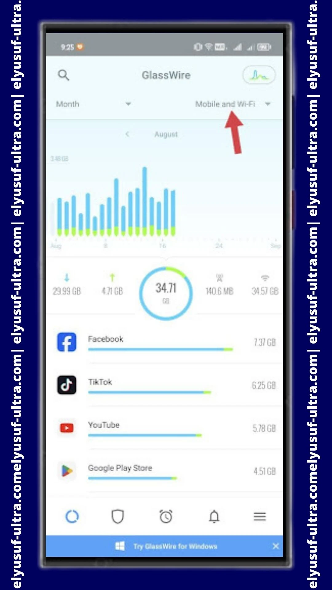 واجهة تطبيق GlassWire Data Usage Monitor